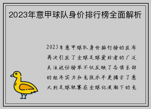 2023年意甲球队身价排行榜全面解析