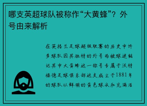 哪支英超球队被称作“大黄蜂”？外号由来解析
