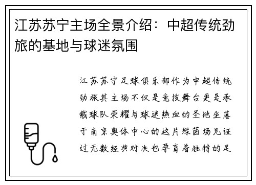 江苏苏宁主场全景介绍：中超传统劲旅的基地与球迷氛围